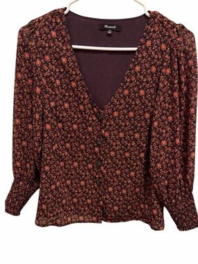 Madewell Georgette Smocked-Cuff Button-Front Top in the Orchard Floral print